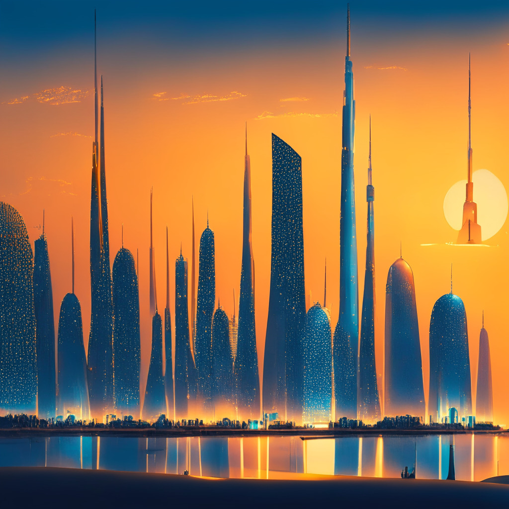 A futuristic cityscape of Abu Dhabi and Dubai, Abu Dhabi glowing with golden hues representing a crypto-friendly atmosphere, Dubai shrouded in tints of blue denoting skepticism. The vivid dichotomy of attitudes towards blockchain technology in close geographical proximity, all under a twilight sky depicting the unclear future of crypto-regulation, drawn in a surrealistic style, capturing a tense, yet anticipatory mood.