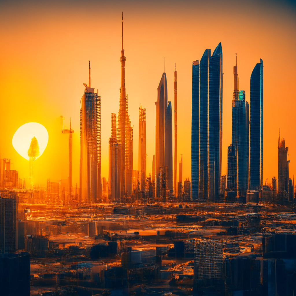 A bustling metropolis in the United Arab Emirates, buildings glowing under a radiant sunset while Bitcoin mining farms spring up amidst towering skyscrapers, reflecting an invigorating new age of cryptocurrency. Striking contrasts of warm golds conveying the wealth and optimism, and cool blues signifying the digital power. Solar panels and nuclear plants in the distance embodying a sustainable future.