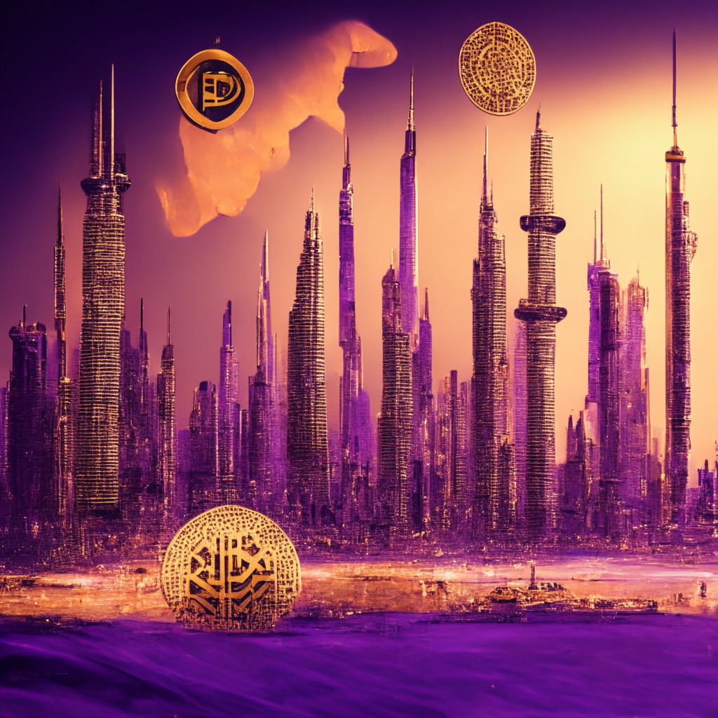 A dramatic vignette of a traditional Emirati cityscape merging with futuristic blockchain symbols. Dubai's skyline at dusk in neo-gothic style, gold and purple hues dominate to reflect the UAE's prosperity and advancement, the coins in the foreground transforming into digital pixels represent the pivotal shift towards crypto-acceptance, this scene evokes a sense of anticipation towards the evolving future of decentralized blockchain technology.