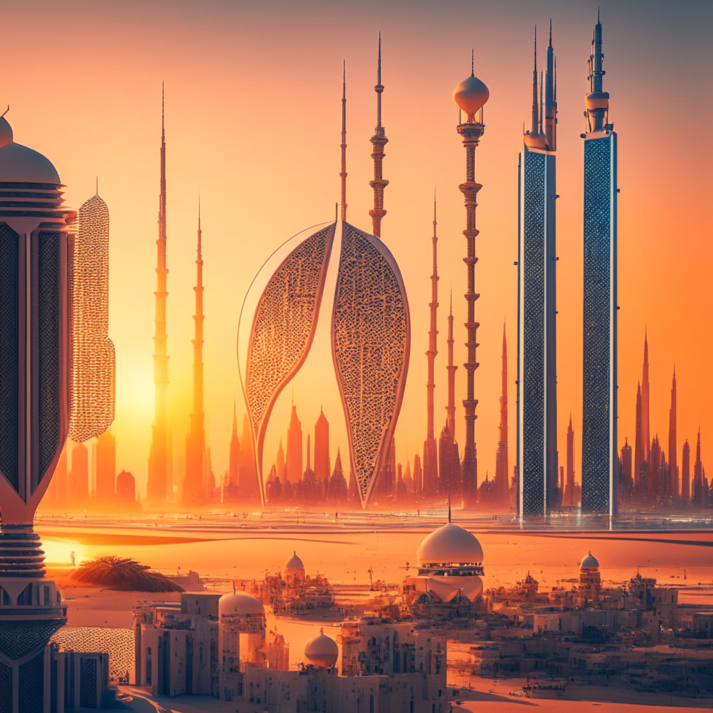 A futuristic cityscape of Dubai and Abu Dhabi, showcasing blockchain-inspired structures gleaming under a sunset, symbolizing the rise of digital assets. The structures are clearly delineated, reflecting UAE's clear regulations in crypto. A touch of traditional Arabian architecture juxtaposed against this suggests the societal context. Mood: Innovation meets tradition.