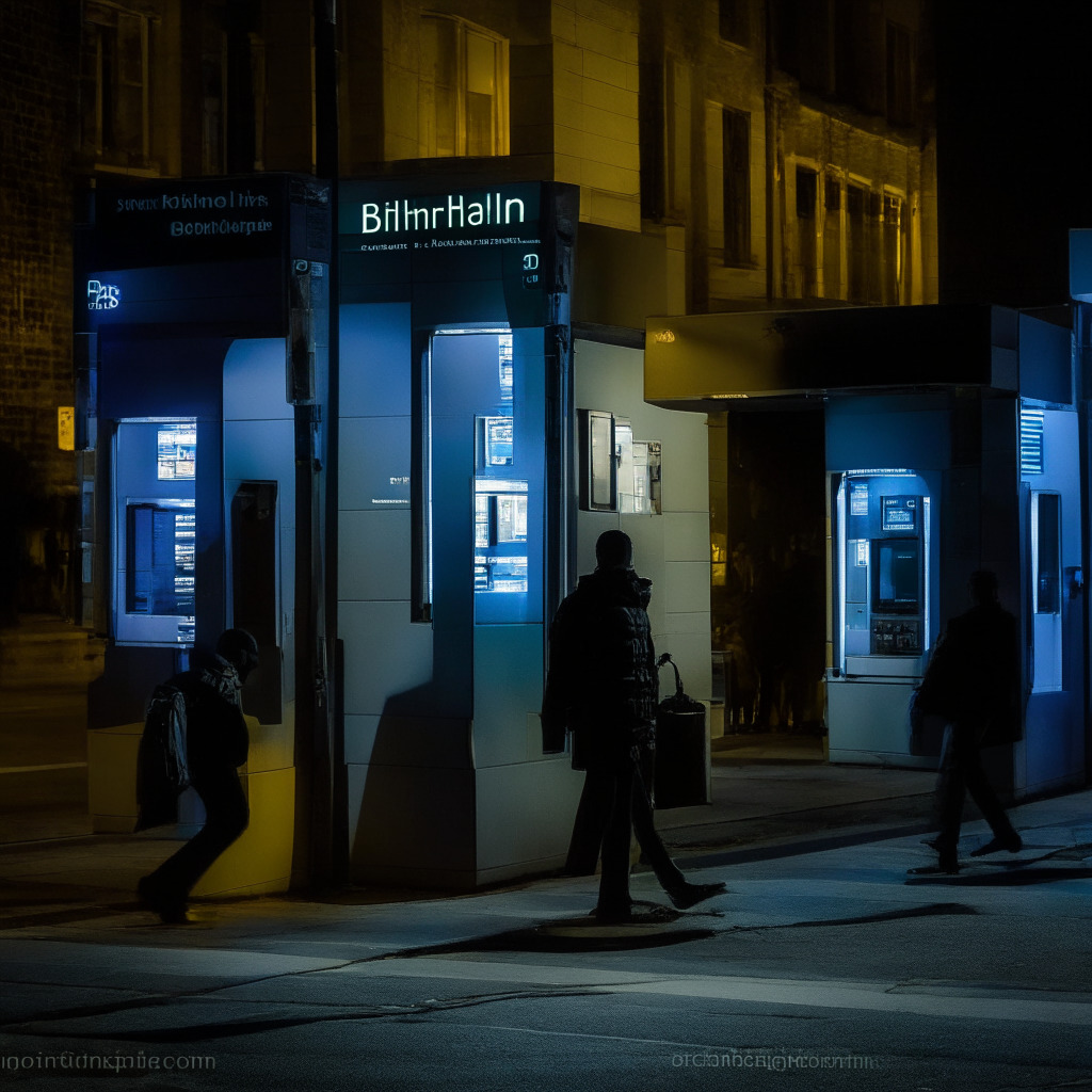 A late evening scene in a bustling London street, with the glow of city lights and a crypto ATM standing as a symbolic beacon of digital revolution. The mood is tense, charged with regulatory controversy. Figures of authority patrol near the ATM, their silhouette casting long shadows. A sense of Orwellian surveillance meets technological advancement, mixed with vulnerability and uncertainty. A solitary, disappointed user illustrates the risk involved.