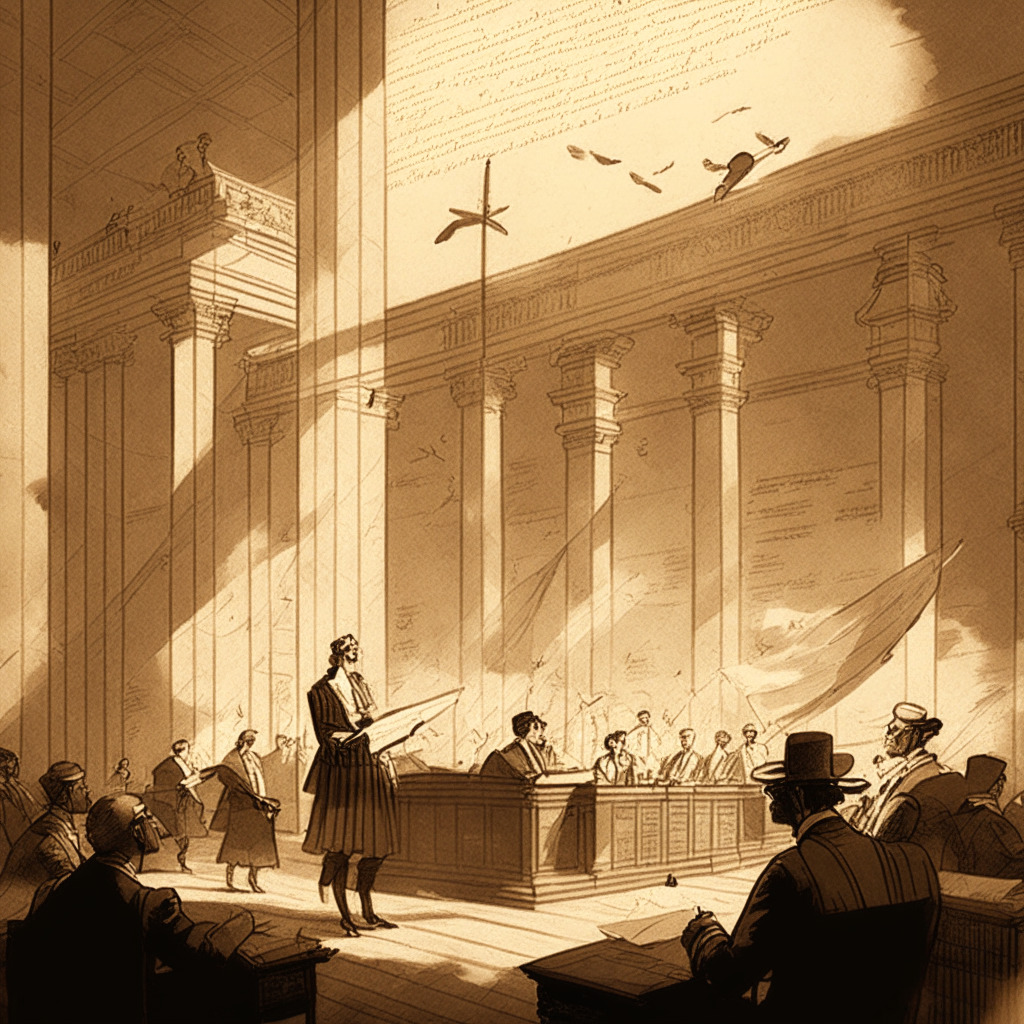 A 19th-century courthouse scene in sepia tones. The lighting is dim, projecting a mood of uncertainty and anticipation. At the center, a finely detailed digital ledger, representing crypto ownership, is being examined by legal scholars dressed in traditional attire. Soaring around them are paper planes annotated with code, symbolizing the legal complexities flying around. The background features a rising sun, illustrating the promise of legislative clarity and symbolizing the UK's ambitions to be a global crypto hub.