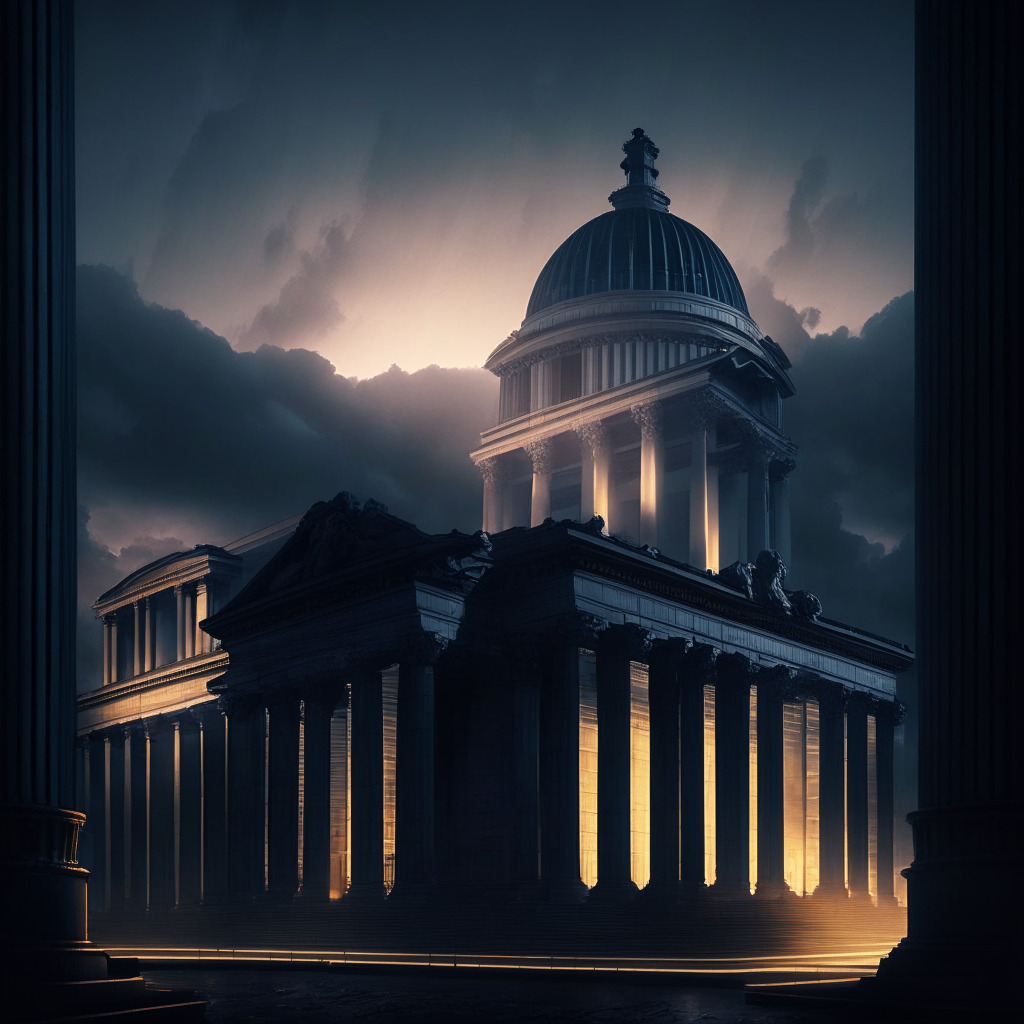 A grand neoclassical building symbolic of UK Treasury, a futuristic cityscape with advanced technology and flares of blockchain symbolism, a scale in foreground representing balance. Artistic style: chiaroscuro for a dramatic, moody tone. A soft, melancholic twilight setting suggesting hue of uncertainty and caution.