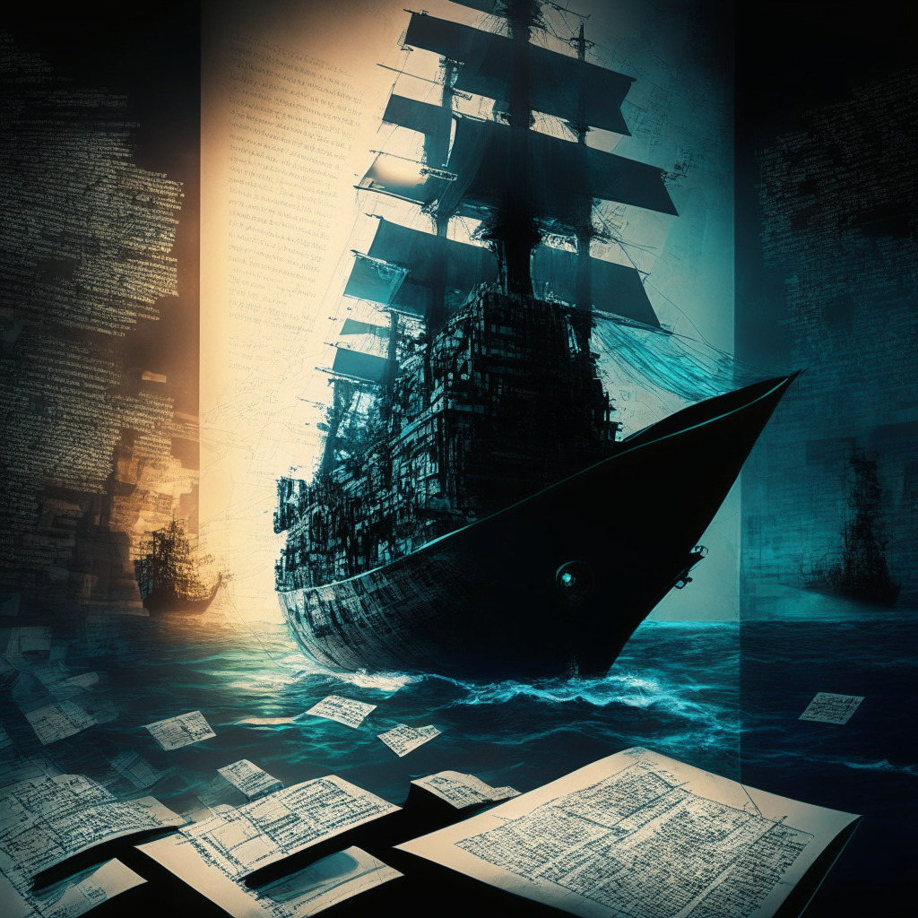 A scene showing the UK transitioning from paper documents to digital technology, traditional merchant and shipping scene is gradually morphing into futuristic, digital scene with abstract representation of blockchain, a time-ordered series of data blocks. Scene has a chiaroscuro light dynamic, blend of steampunk and cyberpunk styles symbolizing historical shift, image cast in cool tones implying anticipation and uncertainty.