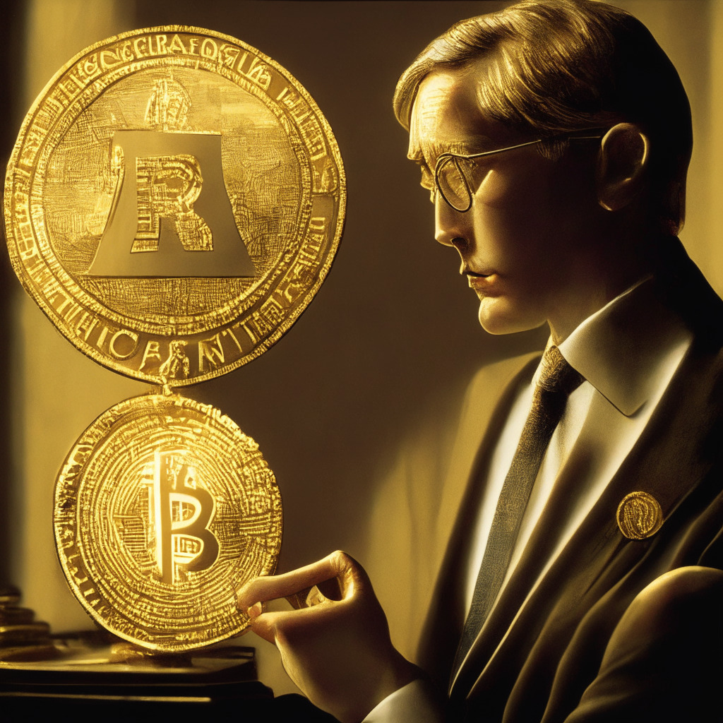 Regulatory themed image featuring the metaphorical representation of the UK Financial Conduct Authority (FCA) in a stern yet thoughtful character, intricately examining a golden cryptocurrency symbol. Evoking a sense of scrutinizing vigilance and potential change, the scene is captured in the soft, subdued light of a typical British bureaucracy, with an undercurrent of suspense and anticipation.