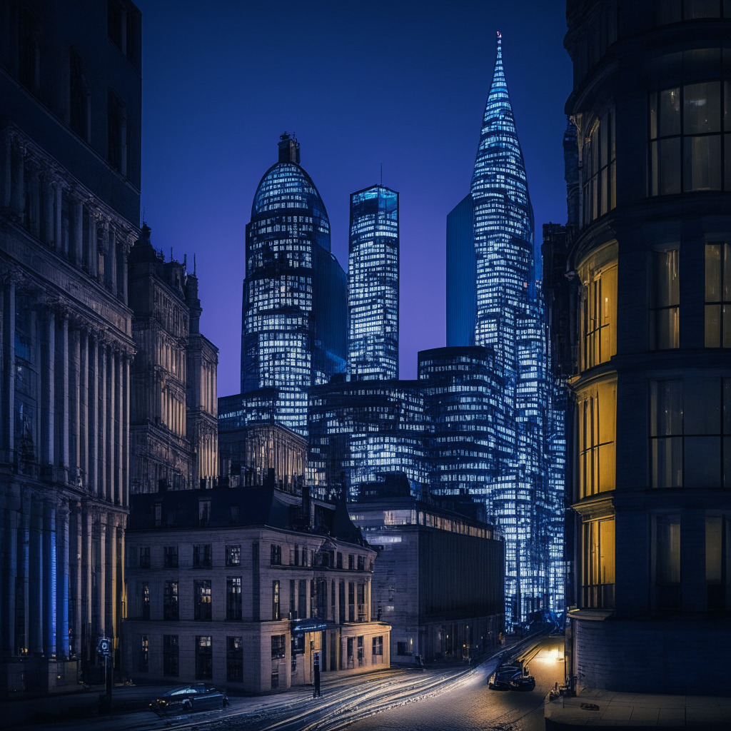 A late evening setting of London's financial district, styled in the manner of modern realism. Streetlights cast a soft glow on centuries-old buildings below an indigo sky. Key figures unfold a large blueprint representing the FCA's stringent crypto regulations framework - the mood is serious with a hint of optimism. Contrasted by the lively and diverse crypto ecosystem depicted as radiant, interlocking gears. A balance scale sits center, symbolizing the fine balance between innovation and market safety.