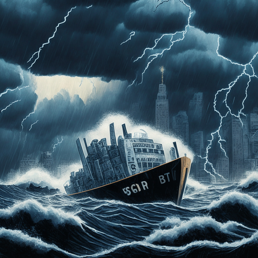 A dystopian New York bankruptcy court scene under dramatic stormy skies, cryptocurrencies Bitcoin and Ether replace altcoins, symbolically depicted as sturdy lifeboats amidst tumultuous financial sea. In the background, a sinking ship labeled 'Celsius'. Flashing lightning reveals an ominous shadow labeled 'US SEC', progressively unveiling hidden regulatory forces. Dominant tones: grays, blues, and blacks, embodying a tense, suspenseful mood.