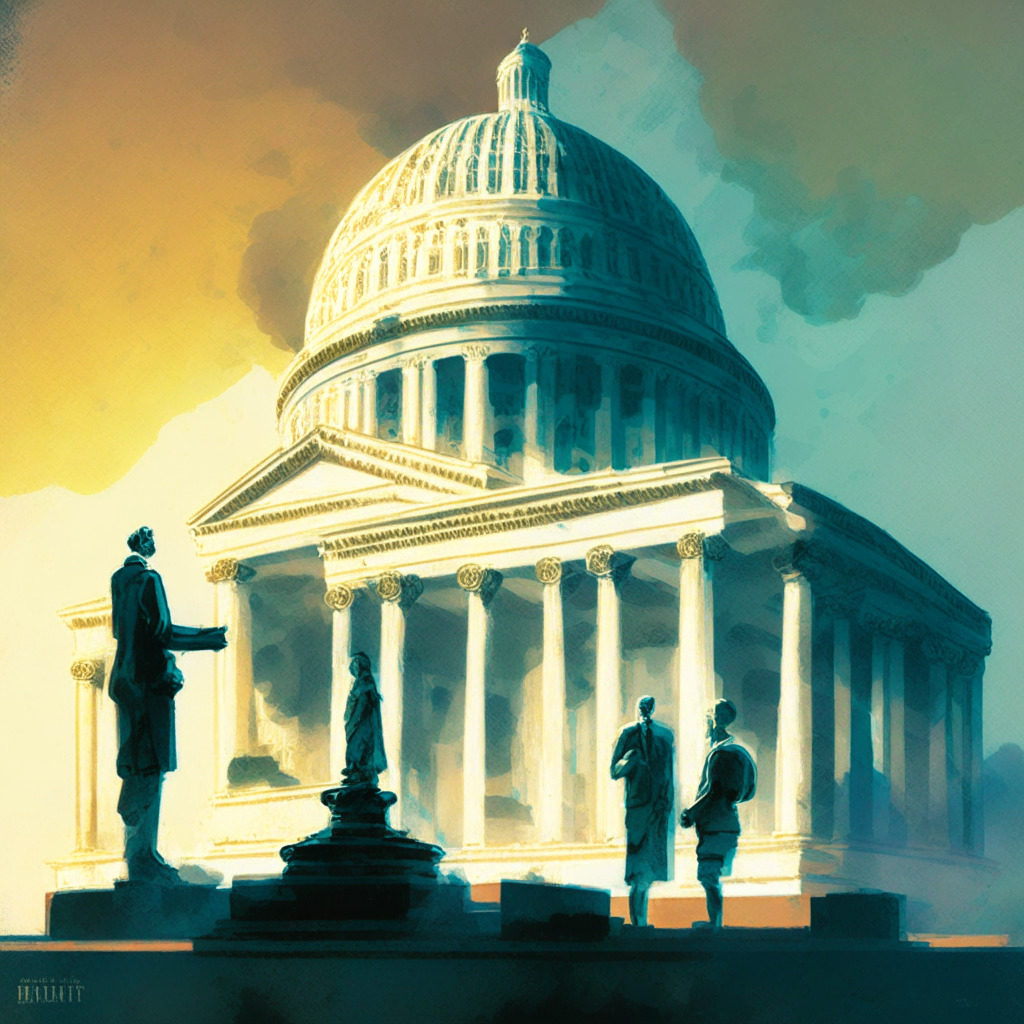 A grand Capitol Building bathed in early morning light, detailed in an impressionistic art style. Front and center, two figures representing Representatives Hill and Johnson are passionately discussing, a pivotal, translucent letter floating between them. Surrounding them are floating symbols: crypto coins, a balancing scale, a draft bill, and a gavel, all suggesting a push for regulatory change. The aura is tense yet hopeful.