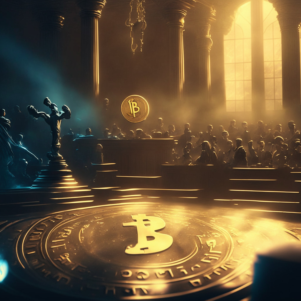 Dramatic courtroom scene in a photorealistic style bathed in cold, crisp lighting. A pair of scales represent the battle between crypto entities and the SEC. A nuanced golden glow surrounds Ripple's XRP token, hinting at a slight triumph. The mood is tense, ambiguous, embodying the uncertain future of crypto regulations.