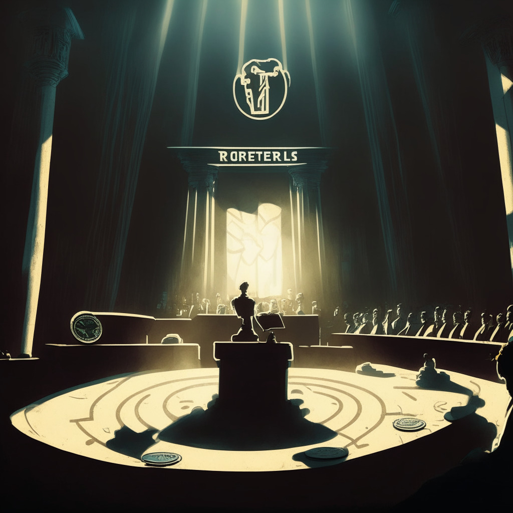 An animated courtroom in the shadows, a vague figure of the judge presiding. In the foreground, the symbol of XRP stands strong under a spotlight, surrounded by a variety of altcoins, hinting at potential growth. The background paints a picture of creeping legal uncertainties represented by tangled threads of laws. The overall image has a chiaroscuro effect, contrasted shadows depicting confusion and uncertainty sweeping the crypto realm.