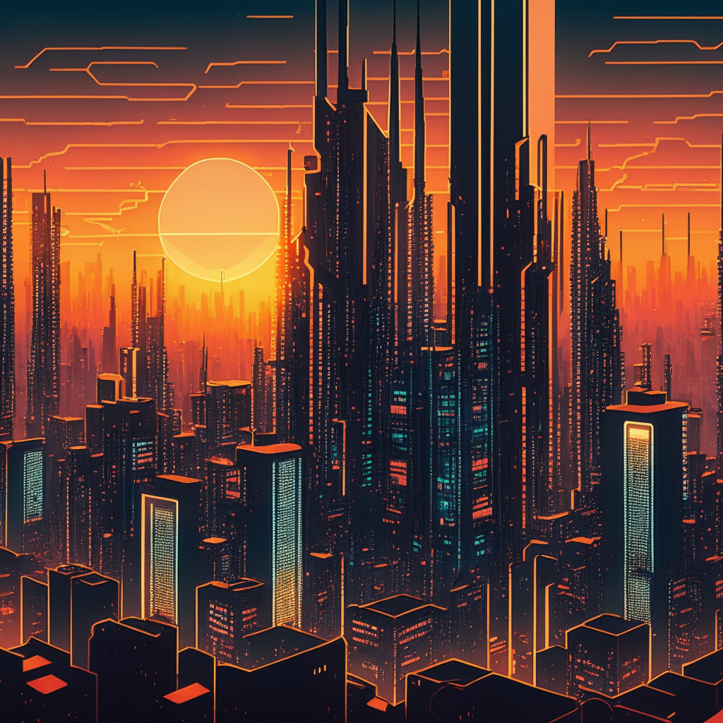 A neo-futuristic cityscape illuminated by the glow of a setting sun, with digital skyscrapers representing crypto-assets. There's a regulatory net encompassing the buildings, suggesting an urgent pursuit for unification and oversight. Artistic style is reminiscent of a highly detailed circuit board to underline the technology theme. The mood reflects caution and intrigue with hints of hope for innovation.