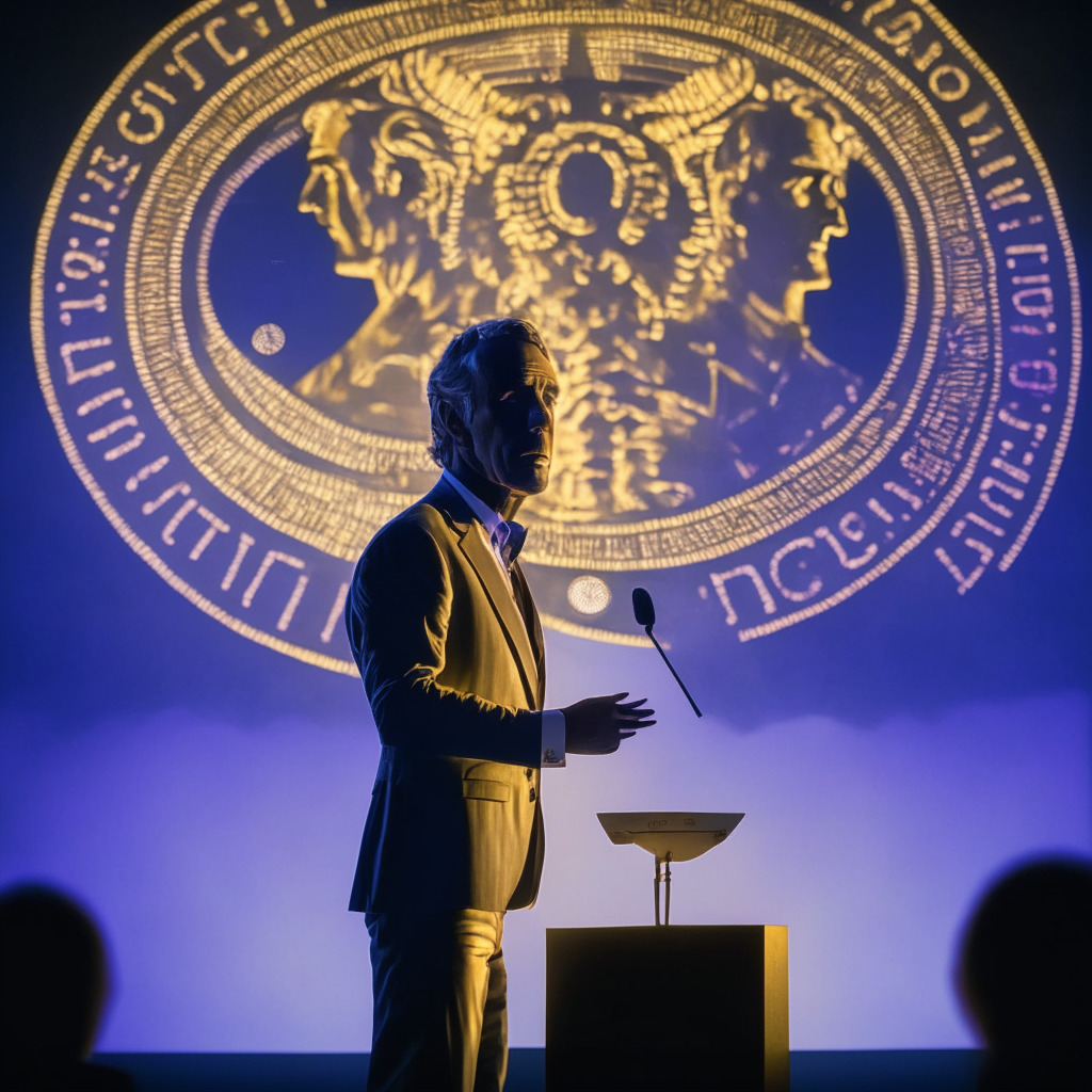 A mature Robert F. Kennedy Jr. standing on the podium at a heal-the-divide event, talking passionately about cryptocurrencies, his figure is illuminated by the lone spotlight against a dusky stage, firm yet inspirational mood. In the foreground, a myriad of digital coins morphing into US dollars symbolizing meta-beauty, surrealism style.