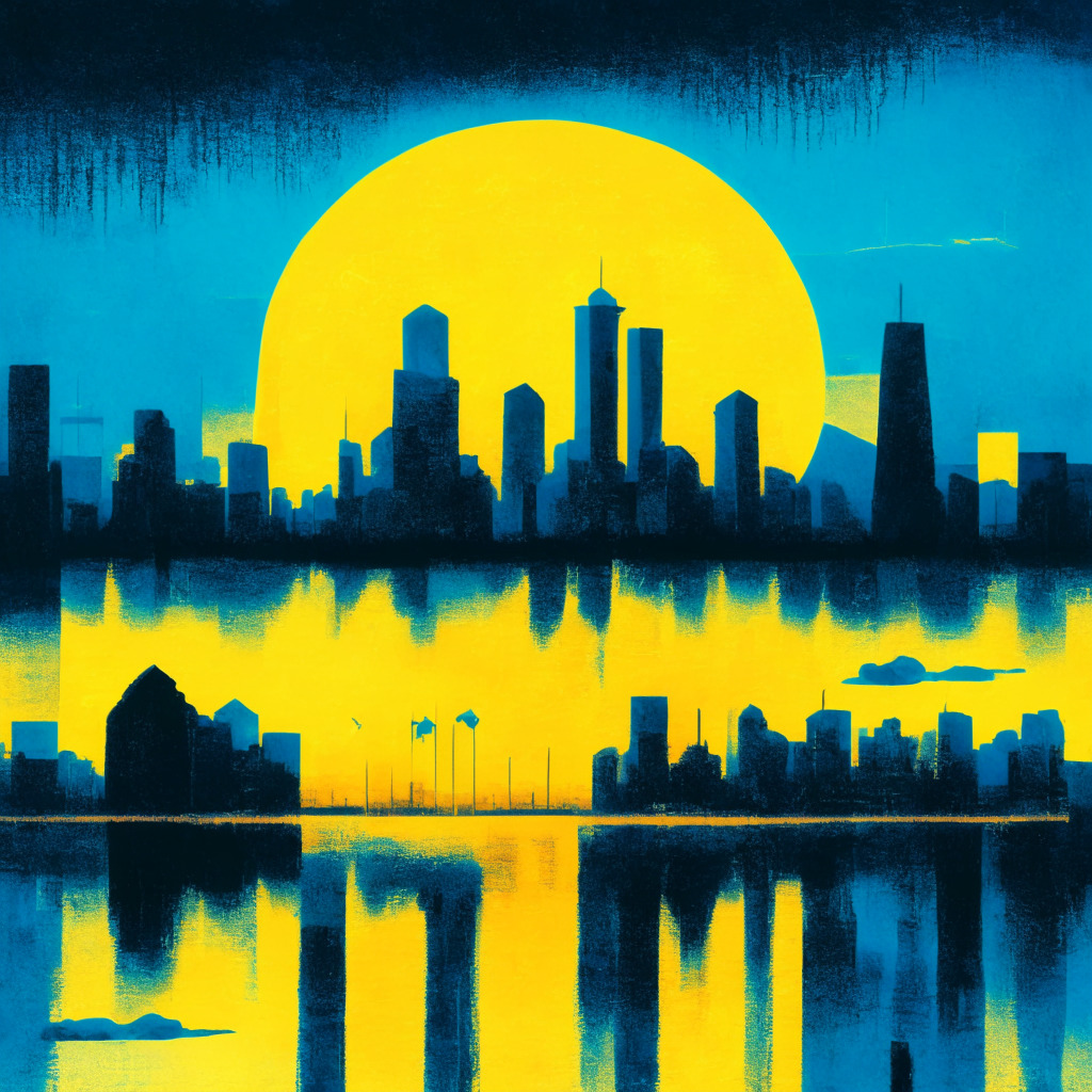 A twilight skyline mirroring the tension of an economic tug of war, distinct silhouettes of a traditional bank and a Bitcoin symbol signifying the traditional economy and the crypto market respectively, enveloped in the dreamlike ambience of an impressionistic painting. The soft, hopeful yellows and calm blues reflect the mixed market reactions and potential for future changes.