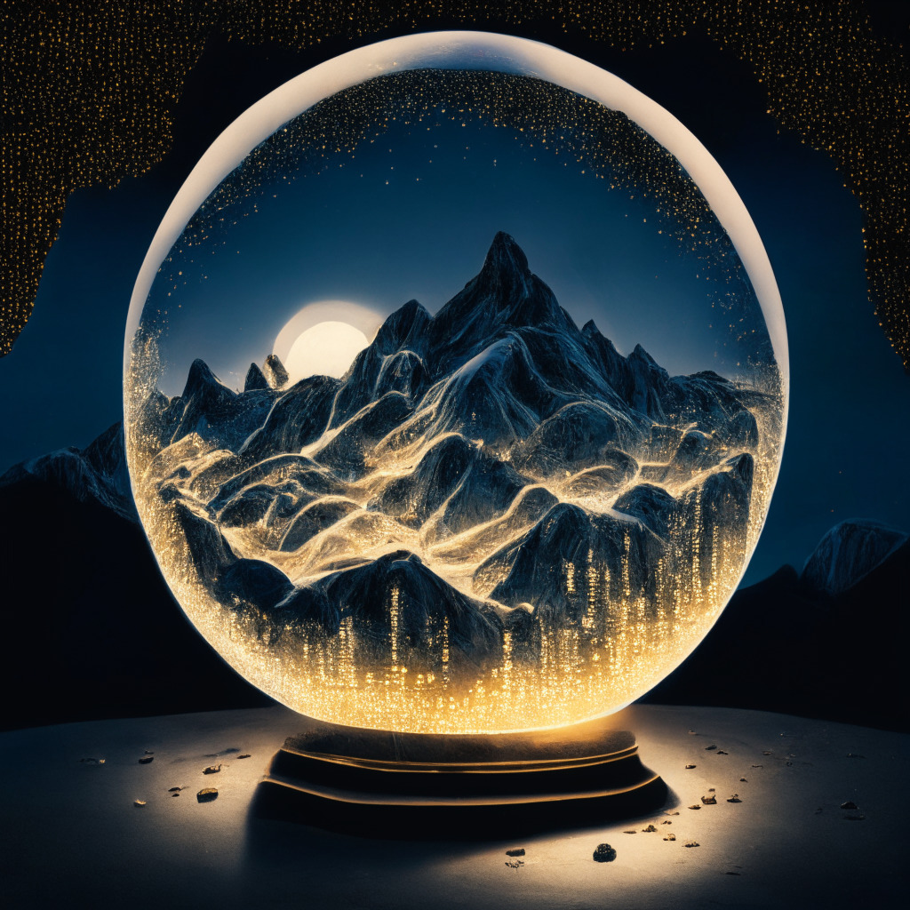 A digital landscape at twilight, diffused glow casting symbolic shadows across a dynamic financial playground. Bitcoin ascends a mountain, this majestic giant glass orb glimmers with an internal golden light, under a sky peppered with scattered miniature stars representing other cryptocurrencies. At the base of the mountain, a supportive hand of marble symbolizing lawmakers' backing. The scene exudes resolute yet intriguing energy, specks of uncertainty twinkling amidst the steadfast climb, every object submerged in the subtle hues of a calming monet-style impressionism, reflecting the atmosphere of hopeful anticipation.
