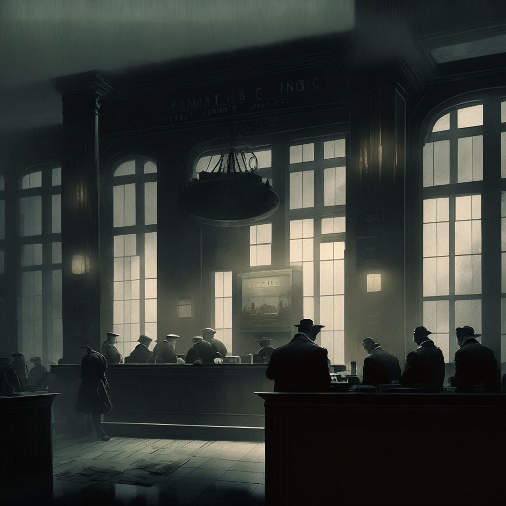 A gloomy banking hall portraying strict regulations, an empty teller's window denoting Binance, and a bustling teller's window symbolizing Coinmerce. The lighting is harsh and moody, signifying scrutiny. In the background, anxious patrons in the middle of transferring assets. The color palette is in muted tones to evoke tense mood.