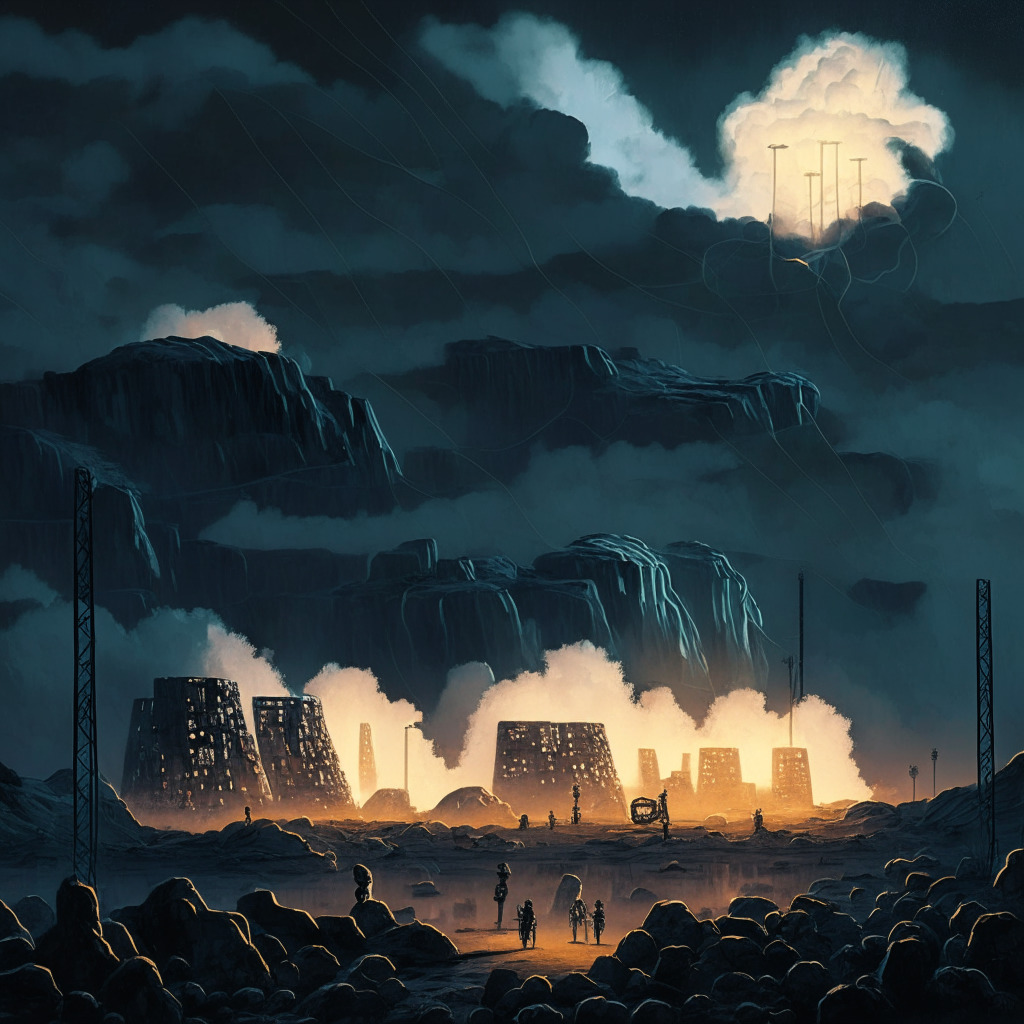 A depiction of complex and mysterious bitcoin mining landscape at twilight, emitting a soft glow from the numerous mining equipment, signifying the booming activity and increased confidence. The scene also portrays an ominous layer of clouds representing strategic scepticism, adding dimension to the environment. The miners appear inscrutable, straddling between optimism and caution. The artistic style is semi-realistic with a tinge of suspense creating a moody atmosphere.