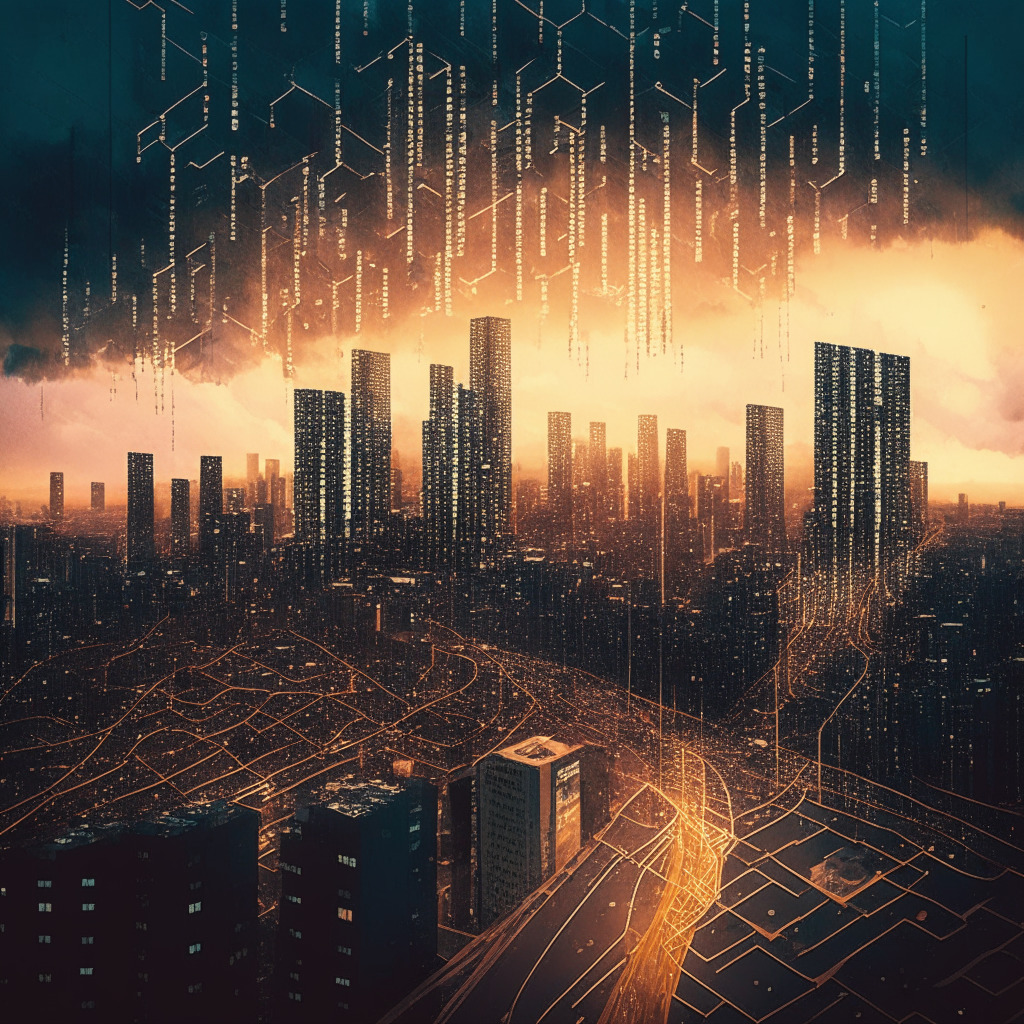 A run-down, digital cityscape under a stormy sky, filled with high-rises shaped like descending Bitcoin graphs. The roads form complex, circuit-like patterns mimicking a blockchain. In the background, a subdued sunset presents droplets of optimism. The city is close to a precipice, echoing a potential fall but the structure stands firmly, showing resilience. The city radiates a reflective warmth, lending a somewhat hopeful aura to an otherwise somber atmosphere. Light penetrating through the storm clouds, symbolizing potential future recovery and growth. Artistic style: Neo-futuristic with an impressionist touch.