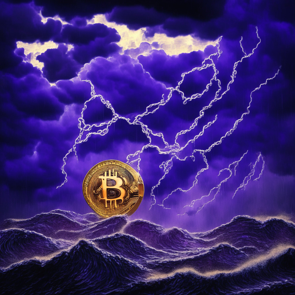 A scene representing the financial landscape of Bitcoin, a digital gold coin bearing the Bitcoin symbol placed on an oscillating wave. The coin glimmers under the gloom of a stormy sky touched by strokes of turbulent blues and purples, symbolizing economic turbulence. Loose chains, signifying the tightening of monetary policy, fall across the scene. In the background, looming Federal and European Central Bank buildings rise, casting long ominous shadows, hinting at the influence of their decisions. Graphs and statistics are skillfully incorporated into the architectural detailing of the buildings, while a balance scale teeters on the edge of the coin. The image imbued with a Van Gogh-inspired swirling, expressive style, evokes a sense of anticipation and apprehension.