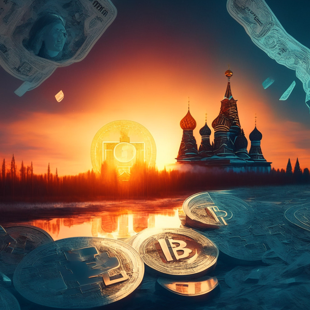 An artistic representation of Russia's digital currency landscape, featuring a shimmering digital ruble emerging against a backdrop of traditional currency notes. The scene is bathed in the soft, anticipatory glow of dawn, symbolizing a new era. The digital ruble, center-focused, is shown in a streamlined, futuristic style portraying contrasts of hope, and fear. The scene conveys an intriguing mixture of excitement and apprehension, reflecting citizens' split reactions towards governmental control and possibilities of decentralization.