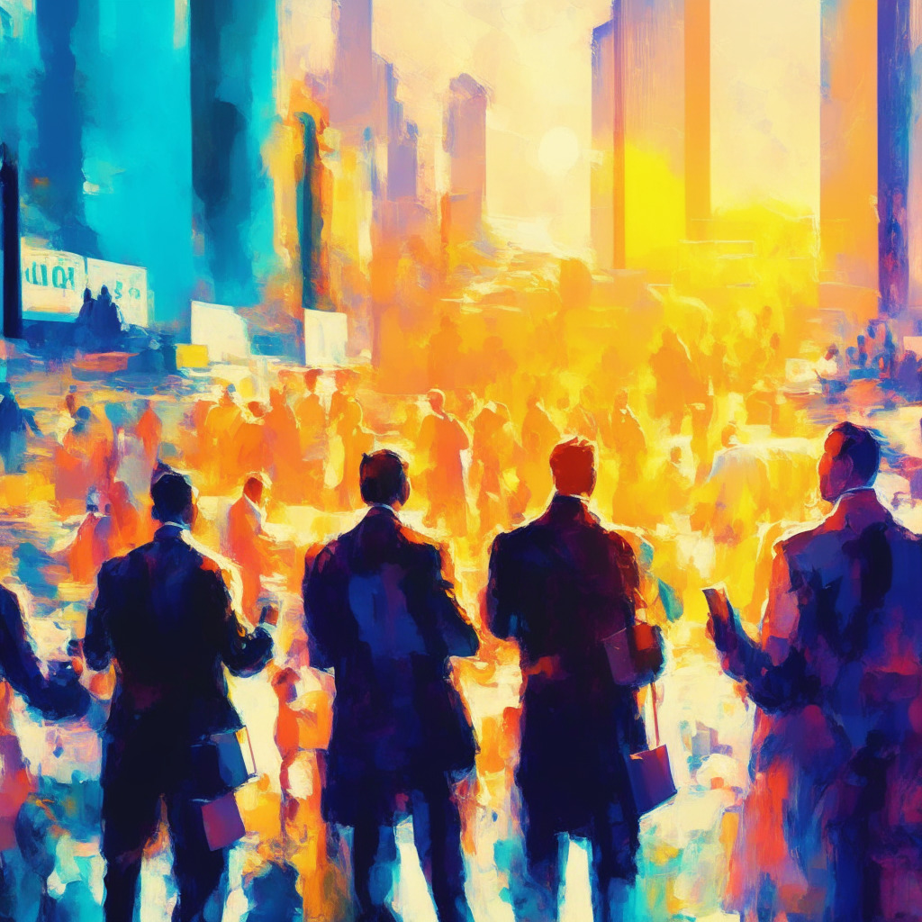 Abstract depiction of cryptocurrency market makers in action, rendered in an impressionist style. Focus on a bustling digital city resembling a large financial market backdrop under a clear, soft-light sunset, expressing the end of the trading day. Figures symbolic of market makers, dynamic yet stable, distribute colourful digital tokens, suggesting a fluid market activity, amidst the scene. Evoking a sense of resilience and caution, reflecting the constant challenges overcome by market makers in the crypto world.