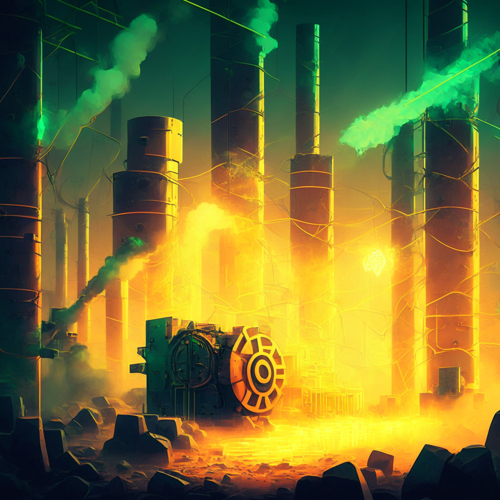 An abstract representation of Bitcoin's evolving energy efficiency, encapsulating raw machinery shifting towards gentler, greener energy sources, with warm lights representing renewable sources breaking through the industrial haze. The scene should emit an optimistic and progressive mood, with elements hinting at mining equipment and renewable infrastructure, coated in a futuristic, digital art style.