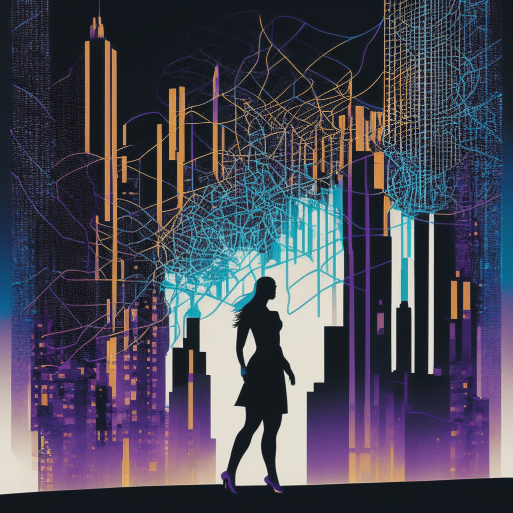 An abstract representation of Vilma Mattila stepping away from an intricately networked silhouette of a metropolis, symbolizing the blockchain network 5ire. Use dynamic lines mimicking digital threads connecting buildings. Use a twilight color palette, mood of uncertainty, with one radiant side implying past success, and a shadowed silhouette to signify the uncertain future.