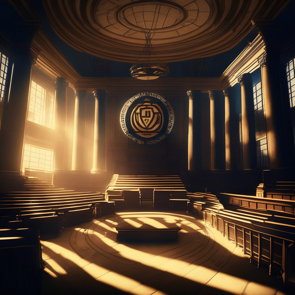 A courtroom with historic architecture filled with subdued light casting long shadows, 2 main sections, one side representing the SEC in cool, austere blues, the other presenting Ripple Labs in warmer golden hues. The atmosphere is intense and suspenseful, embodying a pivotal moment in crypto-legal history. A ripple symbol lying on the courtroom floor, symbolising hope for the crypto community.