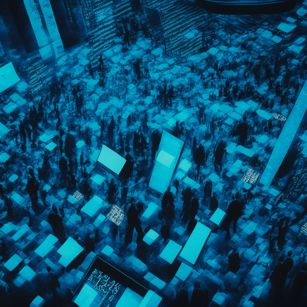 High-contrast, noir styled image of a bustling South Korean stock exchange, shot from above, the main focus on a singled out XRP token glowing brighter than rest, the overall image in hues of blue to represent overall trading frenzy, tokens displayed with minor oscillations, with complexities suggesting underlying manipulation, smoothly blending gloom and excitement.