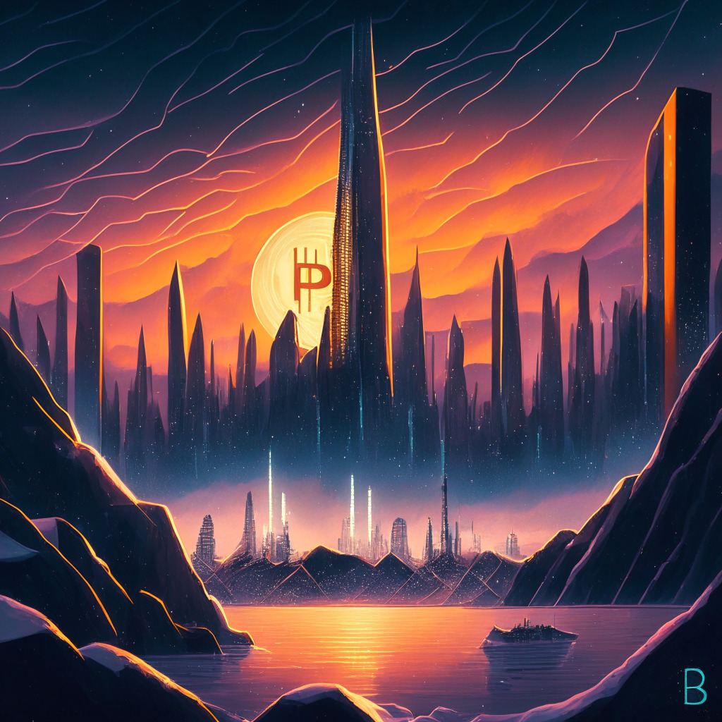 A futuristic cityscape under a twilight sky, where traditional financial institutions stand tall but are being gradually enveloped by emerging, abstract structures representing cryptocurrency, Bitcoin, and Ethereum. The scene is dominated by warm hues of anticipation and uncertainty. An inscription on a symbolic, gleaming coin announces the potential arrival of a Bitcoin ETF. To the side, an iceberg representing the 'crypto winter' is seen, but from beneath it, vigorous sprouts of DeFi are breaking through aligning with a resurgence in the financial landscape. The mood is suspenseful yet exhilarating, embodying the blend of traditional finance and the bold new world of crypto.