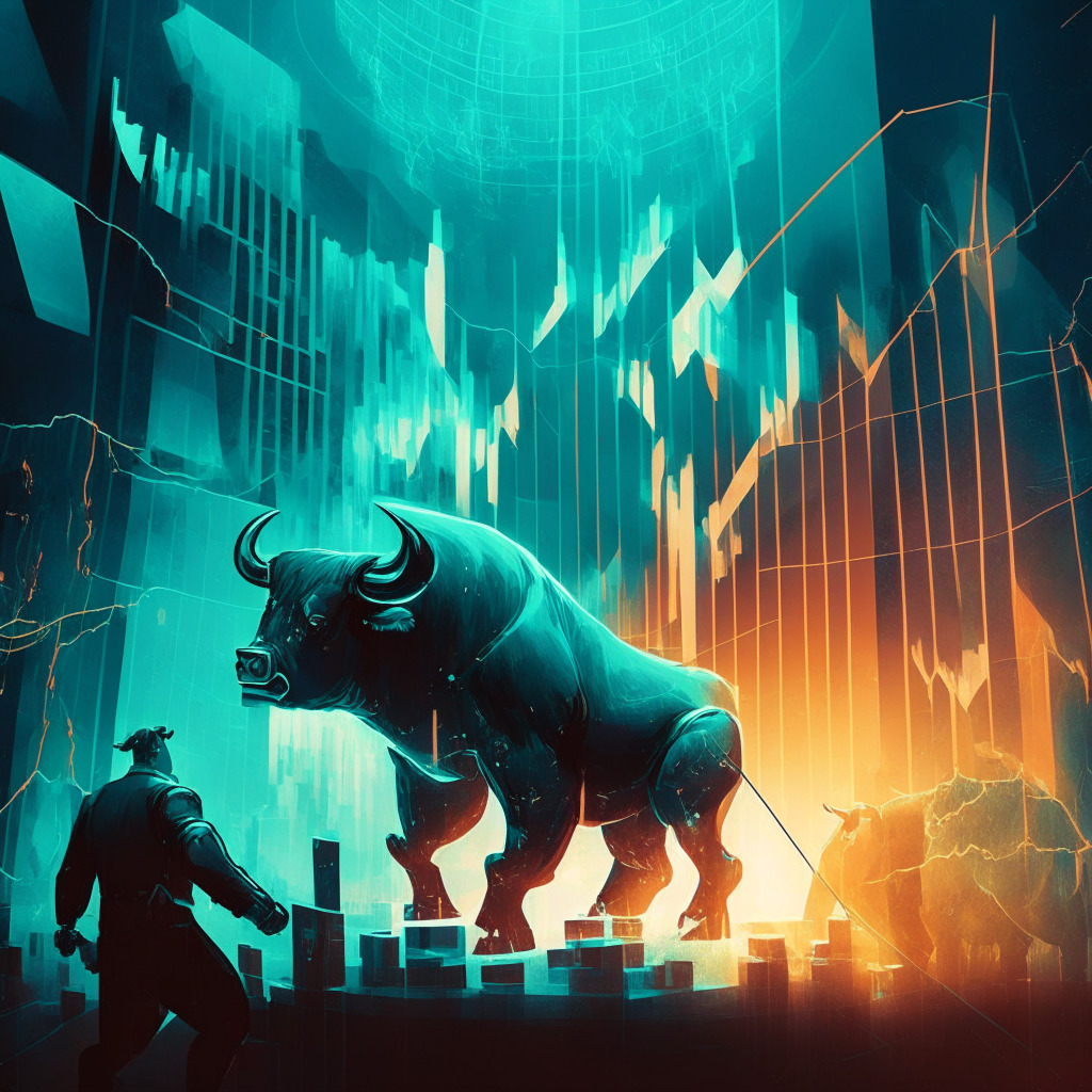 A scene delved into the tactical world of crypto trading: envision a graph, spiking skywards, symbolic of Unibot's success and investors' rewards. Incorporate surrealistic elements, a blend of cool and warm tones to illustrate the bear/bull market. Lighting should suggest clarity amid chaos, mood to be hopeful and dynamic.