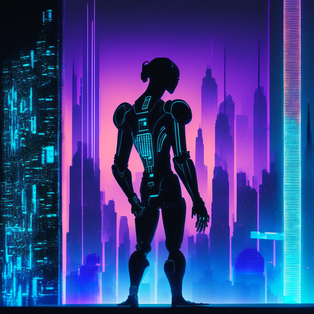 Late evening scene in a futuristic city, Cyberpunk style, depicting silhouettes of towering skyscrapers with glowing windows. In the forefront, a semi-transparent AI robot, fingers intertwined in a contemplative gesture, studying a holographic crypto chart emitting a soft neon glow. The robot's face emits a subtle light, highlighting the focused expression. In the background, a digital billboard with faint images of Bitcoin symbol, no logos, and mathematical algorithms. A hint of uncertainty and anticipation envelops the scene.