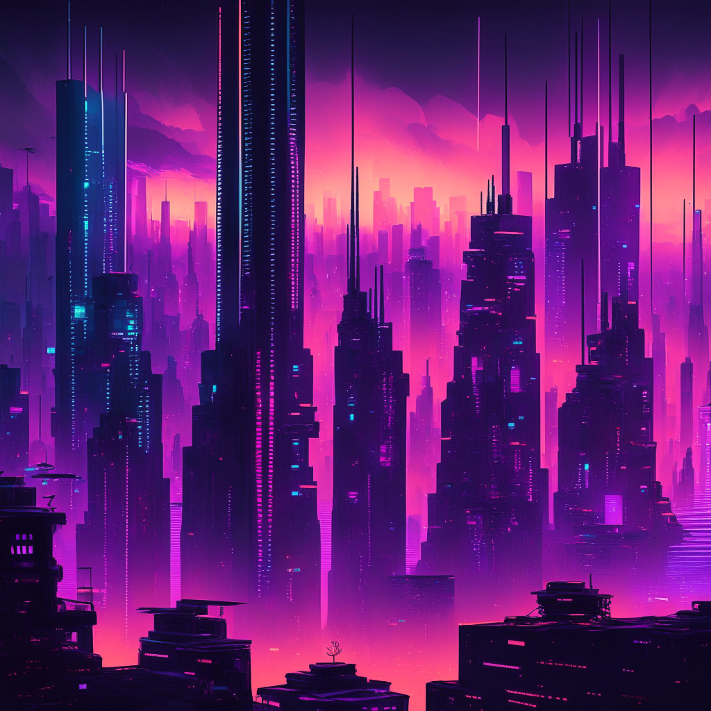 A futuristic metropolis at dusk, filled with towering skyscrapers emanating a soft neon glow, Silhouettes of autonomous trading bots are busy at work under the dusky sky, directly interacting with a symbolic blockchain structure spinning glowingly. The complex web of interactions paints a captivating image in hues of cyans and purples to emphasize the fusion of AI and blockchain, The mood is curiosity intertwined with awe, but with a hint of caution due to the volatility of the crypto market and the uncertainties surrounding AI technology.