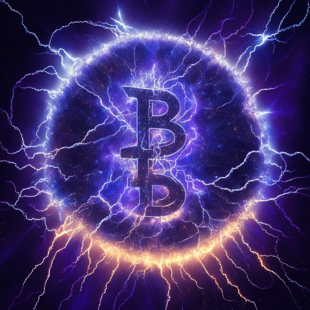 Conceptual representation of a dynamic digital universe revolving around a large, 3D Bitcoin, imbued with sparks of lightning symbolizing Blockchain Revolution Code 69 (BRC-69), with a backdrop of galaxies to signify the vastness of the crypto world. This should be portrayed in an artistic Macchiaioli style. Incorporate hues of blues and purples to convey a serene yet empowering mood, and use soft, ethereal light for an overall futuristic ambiance.