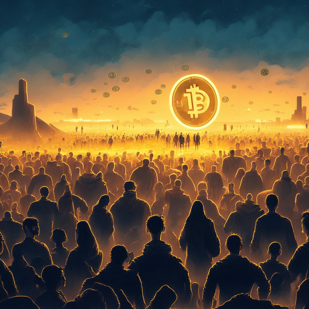 A cybernetic landscape at twilight highlighting the fusion of financial technology and social media. A dense follower crowd watches as content generates ad revenue, morphing into physical coins, evoking the feel of a modern gold rush. Famous figures look on amidst a hazy sky filled with Dogecoin and BTC logos. Mood - hopeful optimism mixed with tension.