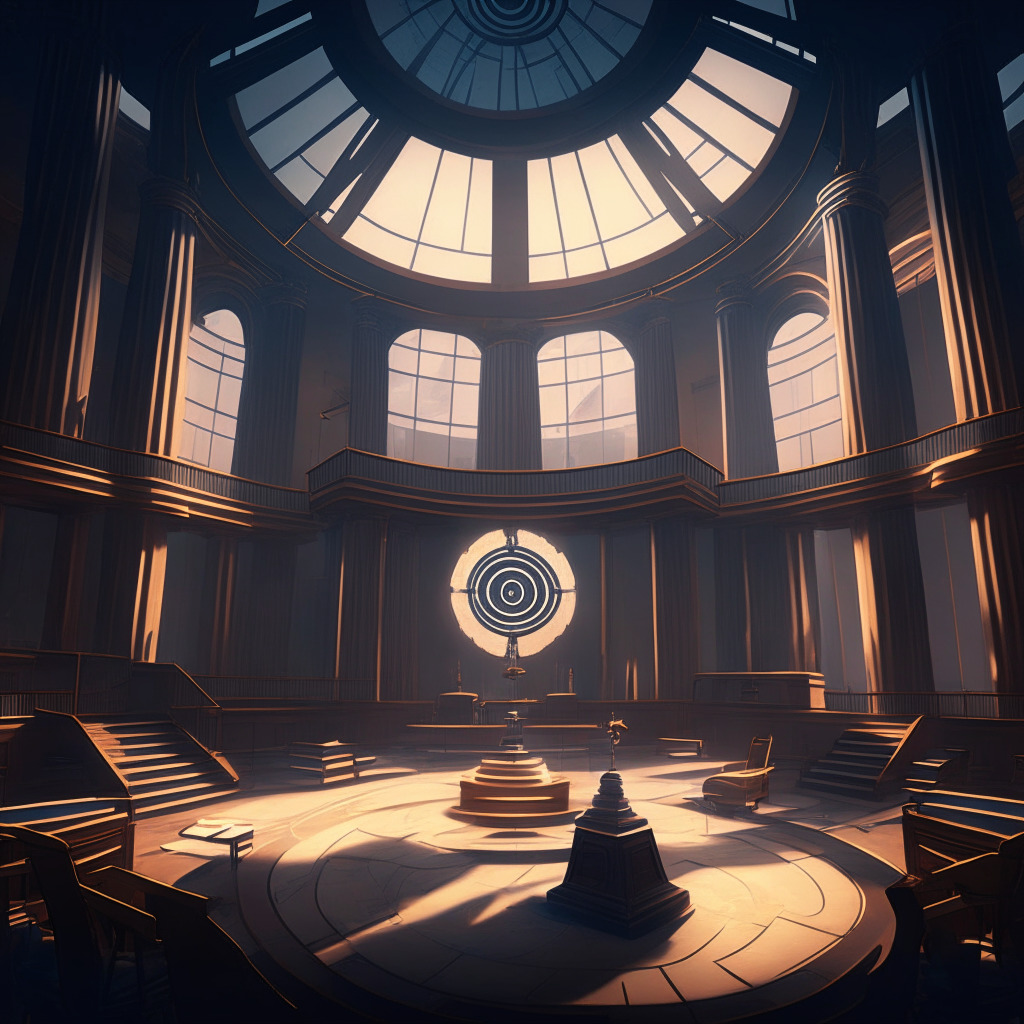 An intricately designed courtroom under a dim, dramatic light, where digital representations of a cryptocurrency coin and a regulatory gavel face off. In the distant background, you see global crypto-entities like a stylized Dutch windmill, an antiquated British Museum, and a futuristic Arabian skyscraper. Capture the mood of a brewing storm, tension, and uncertainty.