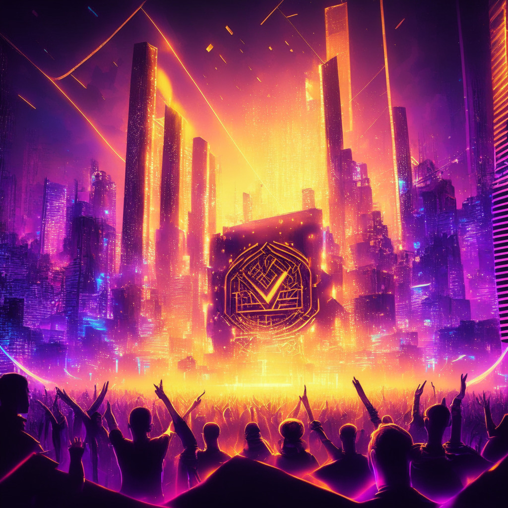 Neon-drenched futuristic cityscape at dusk, vibrant concert stage with holograms of musicians, Blockchain symbols embedded subtly in the background architecture. Scene reverberating with energy, elation, elements of disruption. Prominent display of a large, glittering, golden NFT token signifying importance. Emotional undertone of artist empowerment and fans cheering, representing shared prosperity.