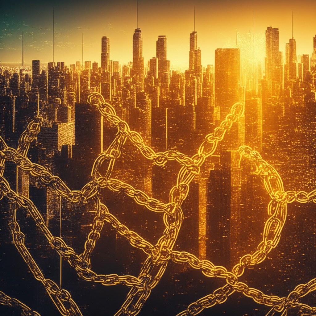 Golden blockchain chains intertwining with digital tokens against a backdrop of modern city skyline transitioning into Wall Street, illuminated under the ethereal glow of a setting sun, executed in the style of impressionist art. The image exudes a sense of exhilarating uncertainty, embodying the revolutionary melding of traditional finance and DeFi.