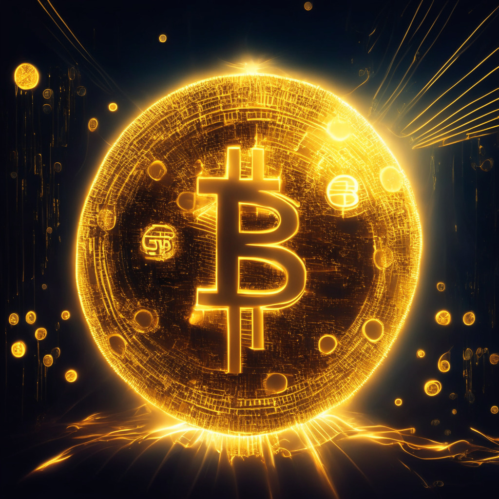 A digital painting in Futurist style, spotlighting the majestic conceptual representation of Bitcoin ETFs resonating with limitless potentials, glowing brightly against the dark finance-themed backdrop. The ETFs appear as dynamic, shimmering golden Bitcoin symbols, dwarfing physical gold, symbolized by a meek gleaming sphere, emanating a contrasts of power and antiquity. The lighting, dramatic and intense, evokes a momentous mood, depicting the transformative potential of bitcoin in the global economy. Sharp irregular shards embody Bitcoin's volatility and also the potential for monumental growth. Overall, a palpable painting of a pivotal economic shift.