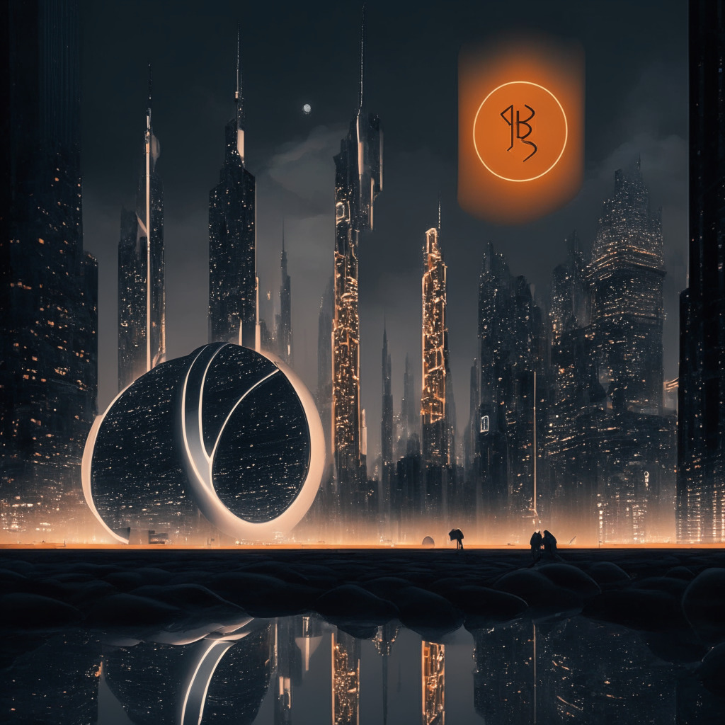 A futuristic cityscape at dusk, evoking Surrealism, highlighting Ripple's (symbol as a large, radiant structure) towering above other smaller, dimly-lit structures symbolising Top 25 crypto assets. An undertone of optimism prevails despite the overall gloomy ambience, reflecting XRP's recent surge amidst market downturn. The palette: cool silver, grey with warm orange highlights.