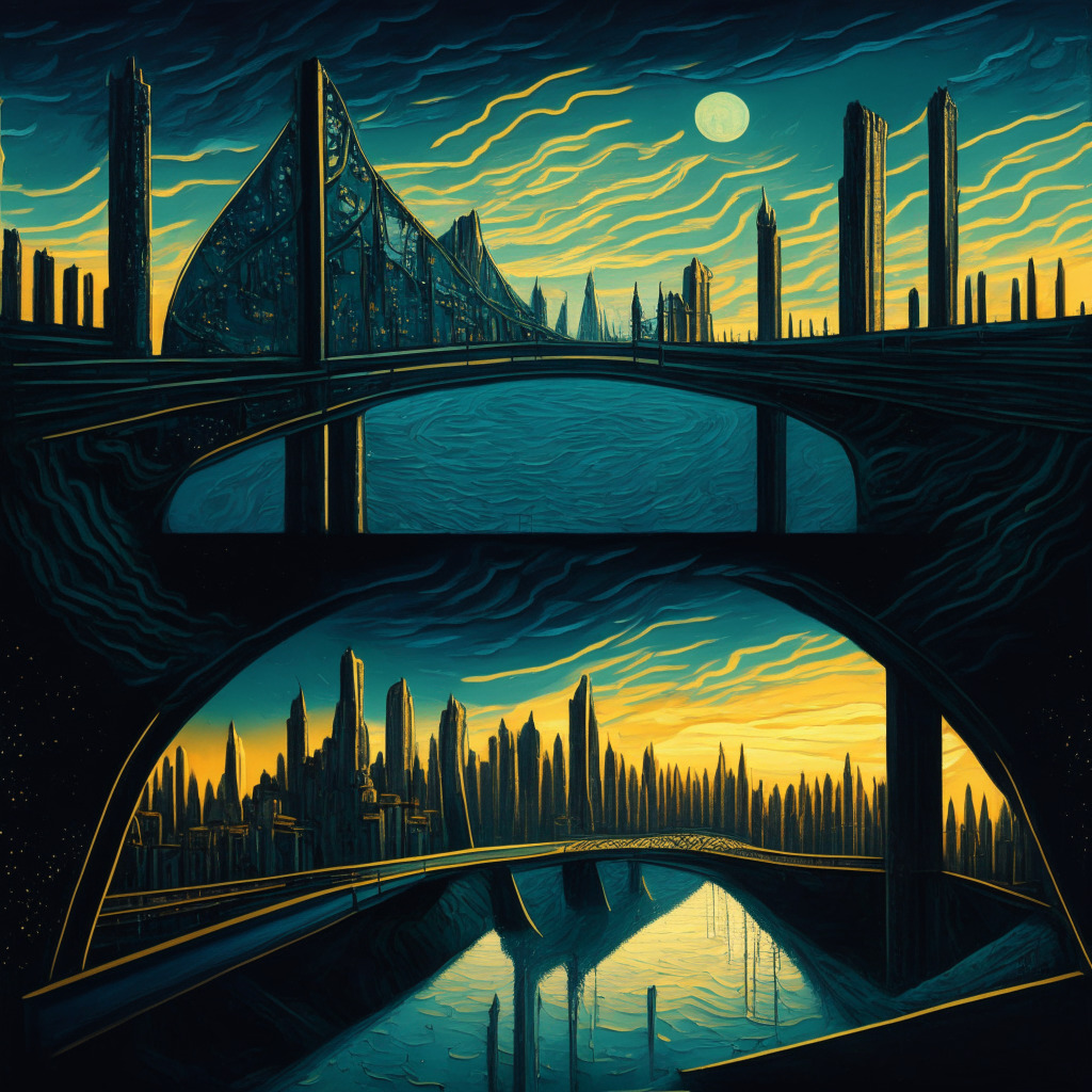 A scene depicting two different worlds joined by a thin bridge, rendered in a surreal, Van Gogh-style. A modern sprawling cityscape with traditional banks on one side, an abstractly depicted futuristic crypto-landscape on the other side, portraying the financial divide. The sky is dimly lit suggesting a setting sun, expressing the intruding darkness of regulations creeping in. Figures on the bridge represent lawmakers and crypto players, showing both cooperation and tension. Embody the uncertainty and the intricate game of balance being played.