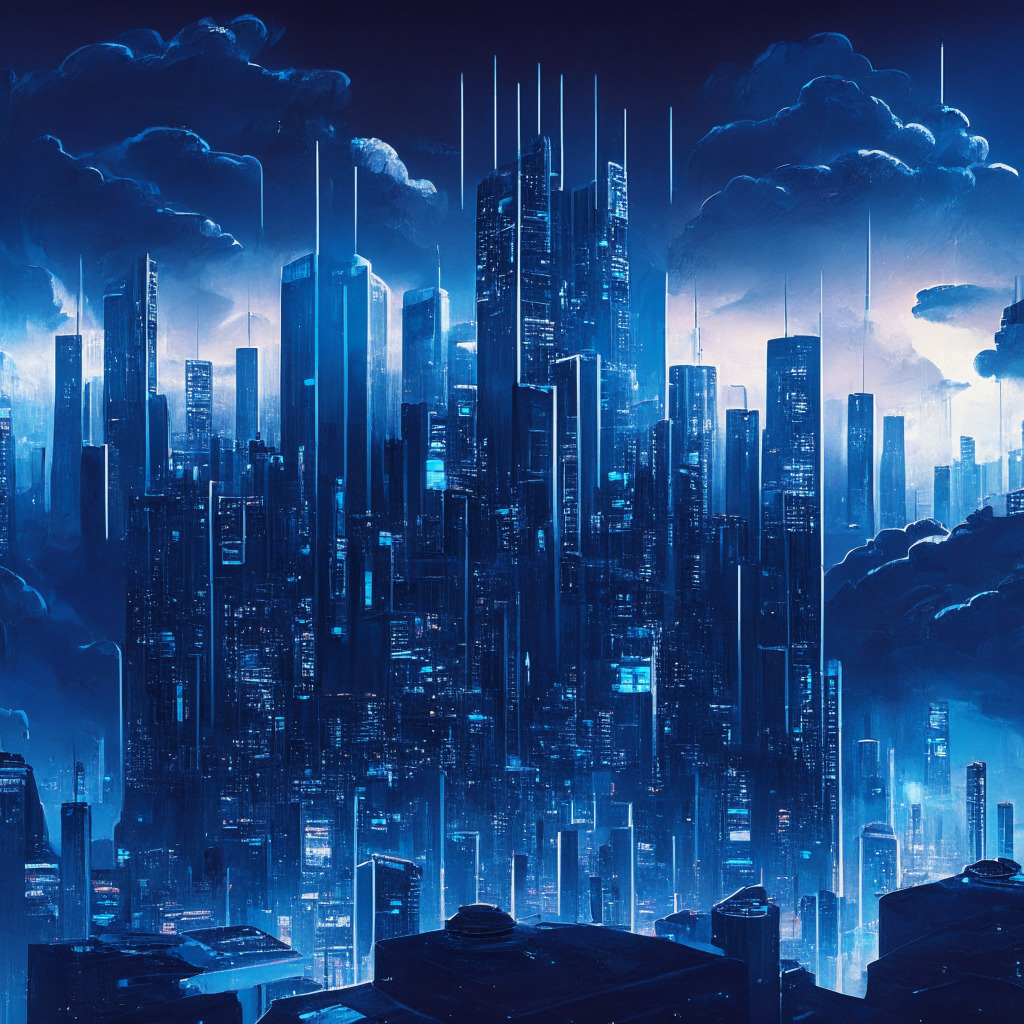Dusk-lit futuristic cityscape brimming with electrifying blues and greys, Shadows of AI and Bitcoins soaring into the streamlined cloud networks above. Mosaic of innovative tools adorns the skyline, illustrating the powerful union of Bitcoin transactions and AI. Express the mood of cautious optimism, yet hinting at possible uncertainty, exploring past, present and future of technology.