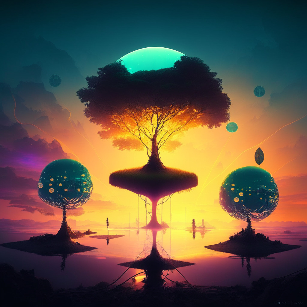 A digital landscape under a vivid sunrise, balance scales symbolizing funding disparity, one side light with money, the other weightier with earth. People, represented as glowing orbs, funnel light towards the lighter side. In the horizon, tree seedlings are growing, bound by blockchain links. Silent witness, a futuristic city untouched, bordering a stormy sea. Overall mood: hopeful yet daunting; Artistic style: Surrealism.