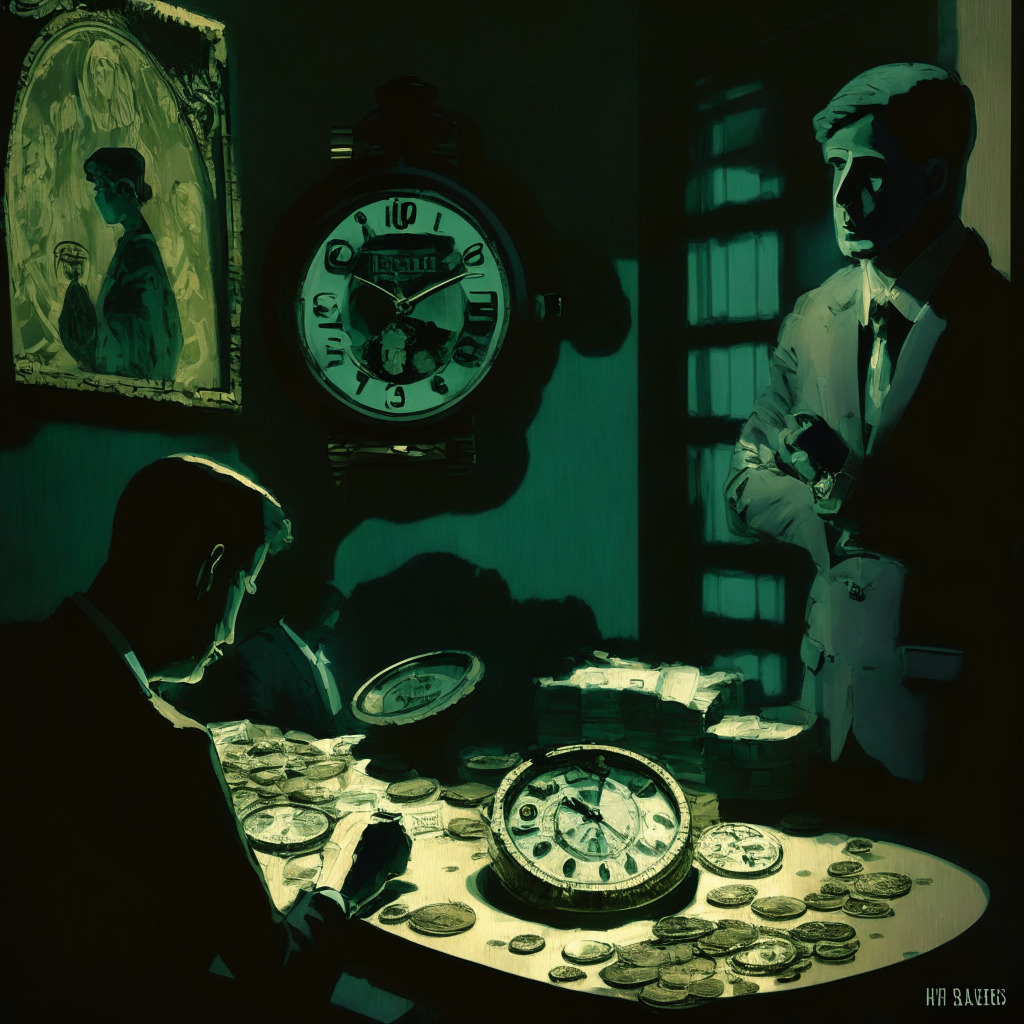 A modern, digital financial world in low lighting, featuring a Patek Philippe watch, symbolized by a shimmering Non-fungible Token (NFT), placed prominently. In the background, subtly depicted are anonymous figures representing DeFi lenders and borrower. Moods evoke innovation, intrigue, and a sense of privacy while exhibiting Impressionist art style.