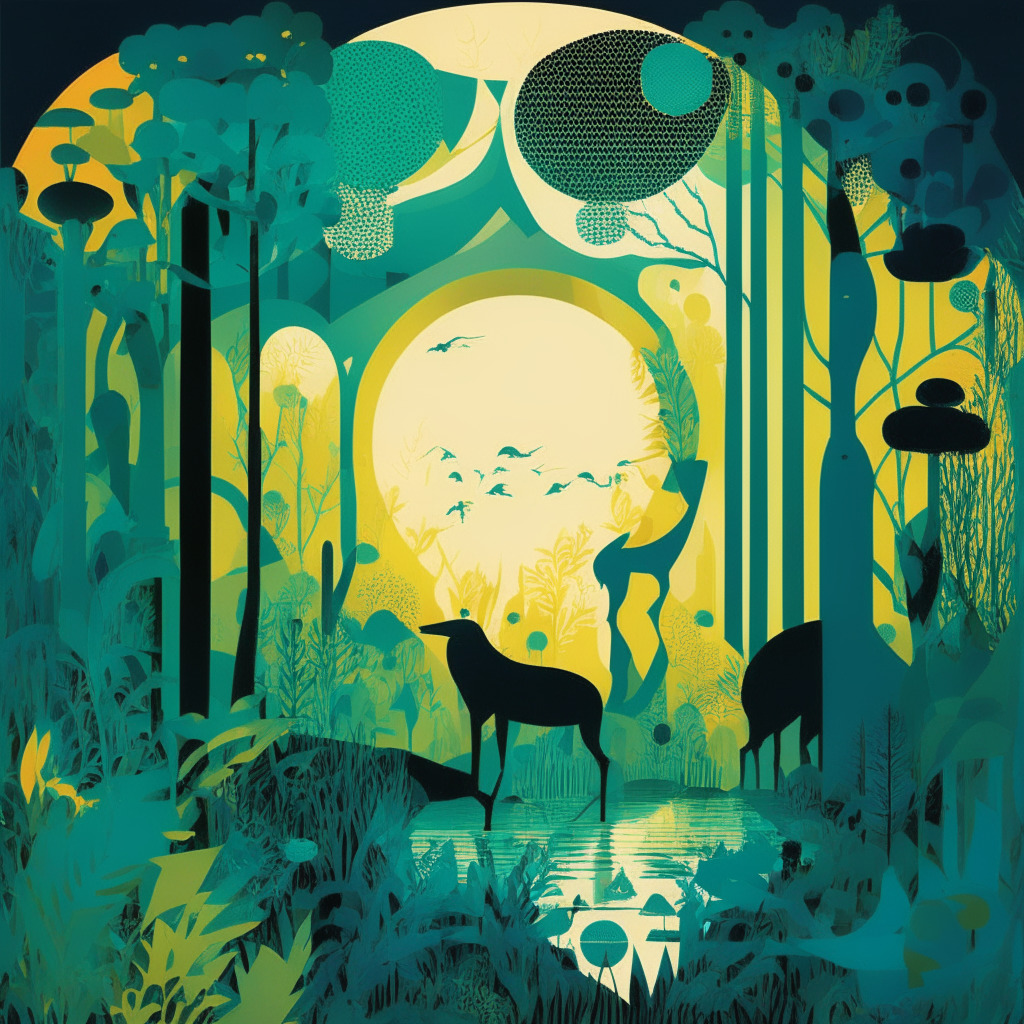 A digital jungle scene in the vibrant style of Kandinsky, harmonizing nature and tech elements. The predominant color scheme includes cool hues of green and ethereal blues, accented with warm pops of gold. The atmosphere is optimistic and progressive, depicting a dawn light setting symbolizing a new beginning. The image includes silhouetted wildlife encircled by crypto-inspired abstract structures, with a prevailing motif of balance and sustainability.