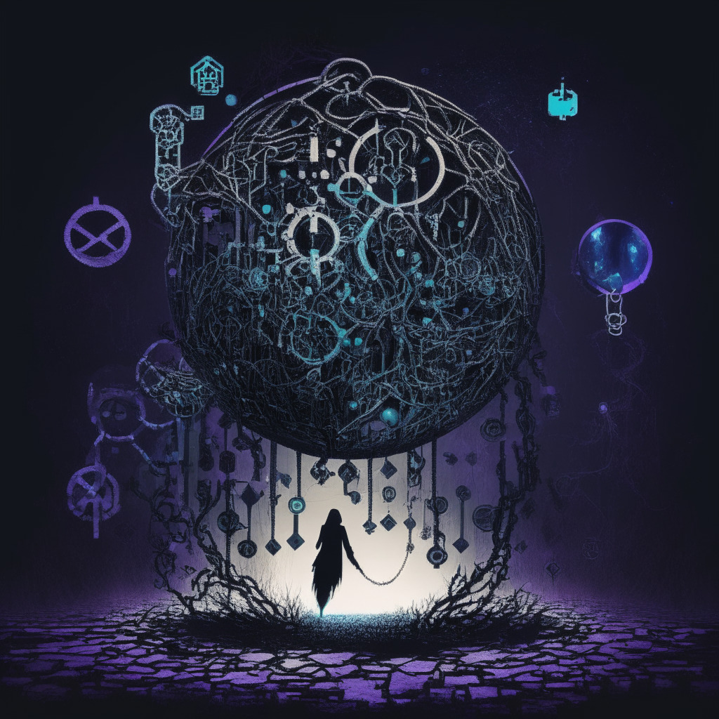 An abstract representation of a virtual crypto-sphere in compelling, somber hues. In the center, a physical symbolic metal key, elusive in nature, representing private keys, floating and glowing faintly. Surrounding it, digital chains symbolizing blockchain with a broken link to signify vulnerabilities. Add a shadowed figure in the background, showing users' struggle with the intricate security dynamics, under a faintly lighted, ominous atmosphere, hinting the practical challenges and dilemmas in crypto-security.
