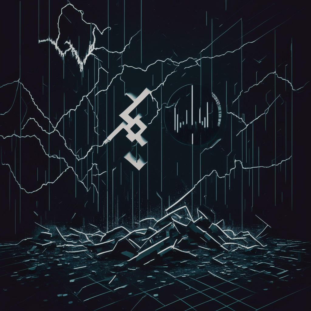 Chaos amidst a digital storm in the realm of cryptocurrency, rendered in a dark 80's noir style. Display the stark contrast: one side depicting the once-stable CRV token plummeting, modelled as an abstract graph in distress, whilst in the background, a halted trading platform stands tall, illuminating the scene with a harsh, cool light. On the other side, a watchful exchange platform waits, bathed in a warm yet uncertain light. In the middle, represent $100 million loss symbolically, creating a tense, expectant atmosphere.