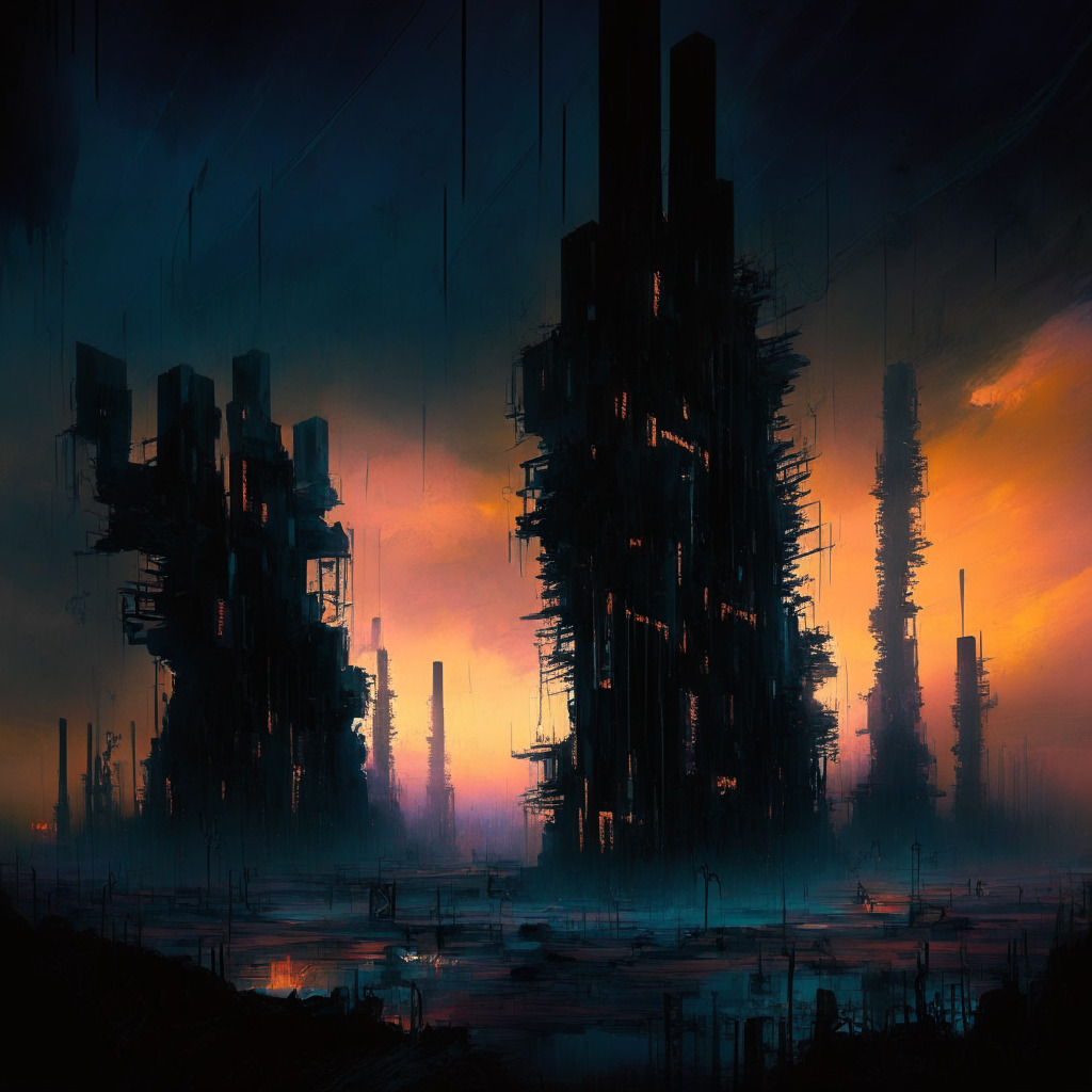 A clandestine digital landscape at dusk, large AI models resembling seized towers with symbolic padlocks broken apart, surrounding them vibrant trailing words symbolizing harmful content swirling about. The atmosphere is imbued with tension and apprehension, painted almost somberly in contrasting shades of a Tenebrism-inspired style, depicting a stark cautionary technopolis.