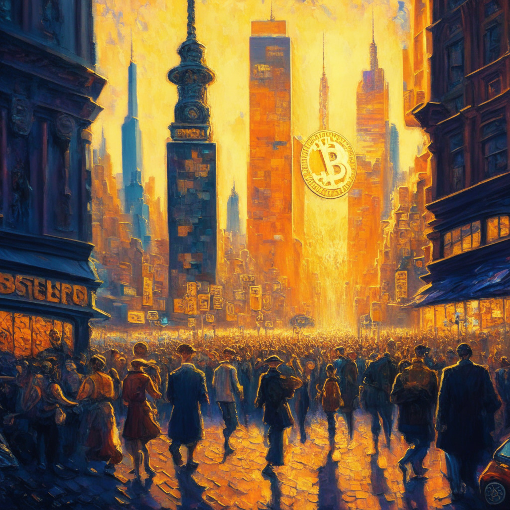 An intricate impressionist-style painting reflecting the dramatic dynamics of the cryptocurrency market. While the central focus is Bitcoin and Ether represented as towering, vibrant structures in the middle of a bustling city, various smaller tokens like CFX and Mr Hankey Coin are depicted as intriguing characters navigating the crowded streets. The tone is warm and vibrant under a setting sun, instilling a sense of potential prosperity despite inherent risks. A glowing sky offers a sense of quiet reassurance, suggesting a resilient crypto market.