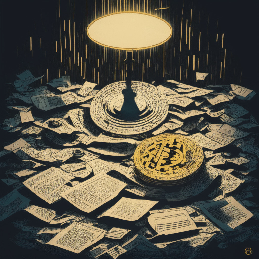 A tangle of bureaucratic papers and legal files morphing into Bitcoin and ETF symbols, a scale tilting unevenly on a round table, evoking an air of intense debate, accented with touches of a neo-noir art style. The lighting subdued, suggesting a secretive, high-stakes negotiation, while a balance beam shines brightly, symbolizing regulatory oversight and protection.