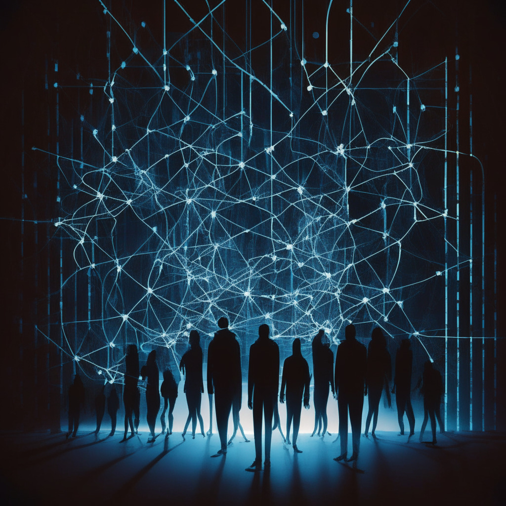 Mysterious silhouette of multiple individuals against a complex network of glowing lines, symbolizing a blockchain, the style akin to cubist painting. The light setting is dim, with main light source emanating from the blockchain. Mood is enigmatic and intriguing, hinting at the unknown.